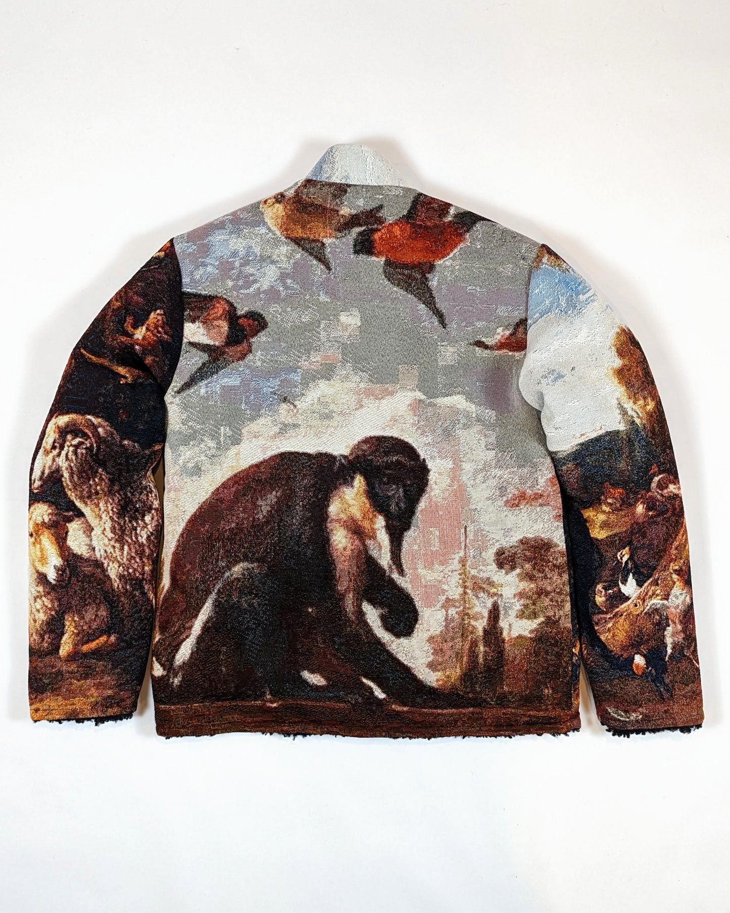 REVERSIBLE FLEECE TAPESTRY CARDIGAN IN ANIMALS AND BIRDS