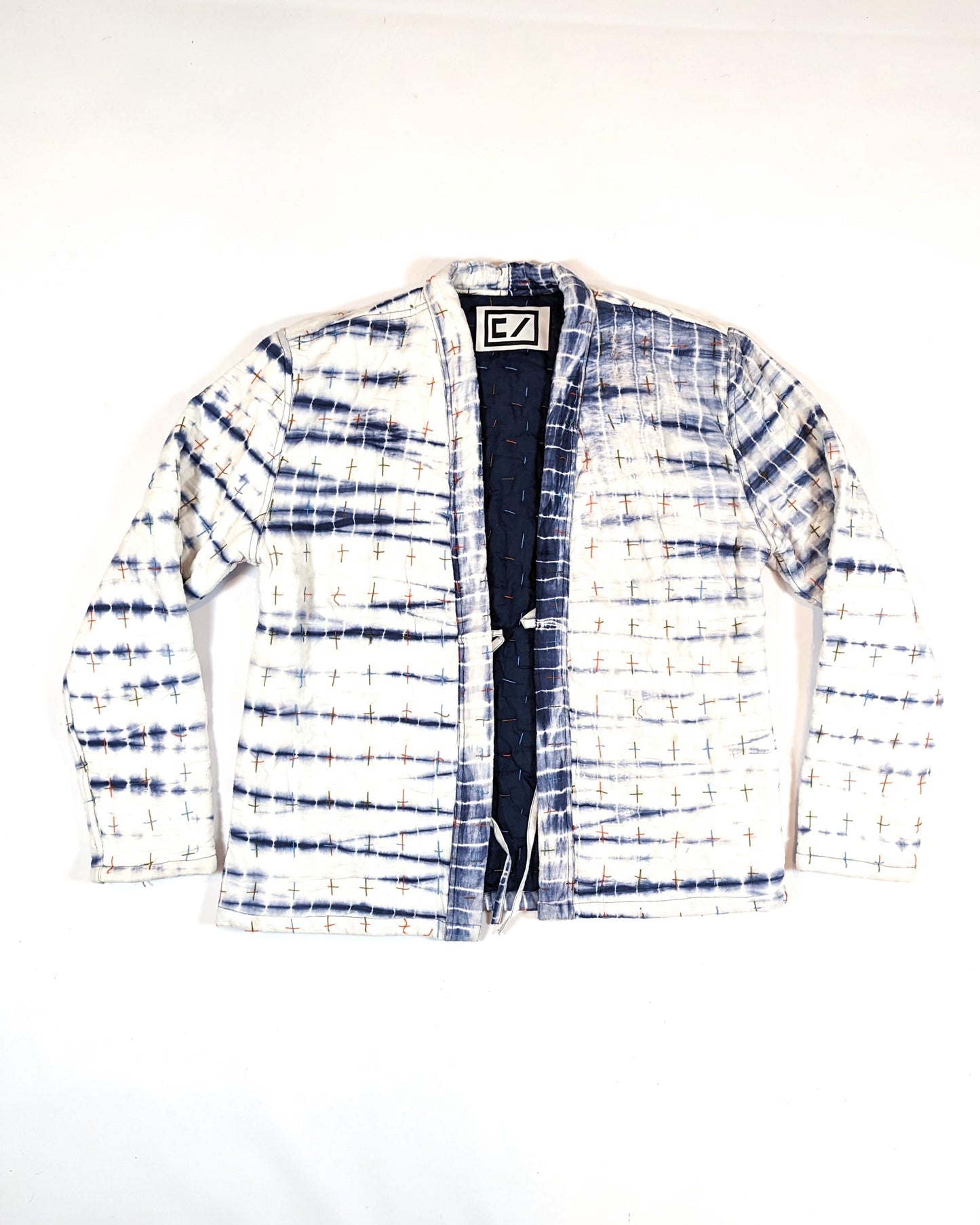 QUILTED HAND DYED SHIBORI INDIGO REVERSIBLE CARDIGAN WITH HAND SEWN SASHIKO