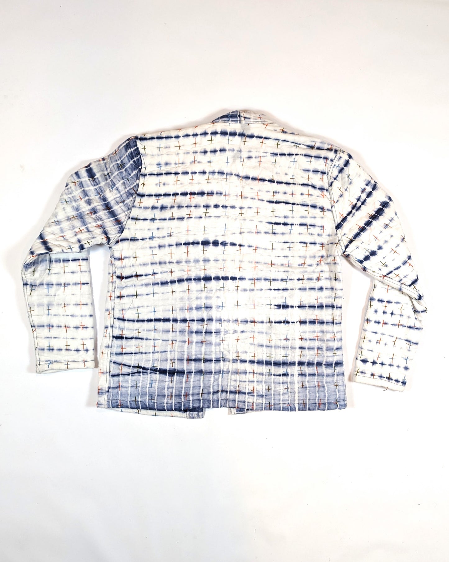 QUILTED HAND DYED SHIBORI INDIGO REVERSIBLE CARDIGAN WITH HAND SEWN SASHIKO