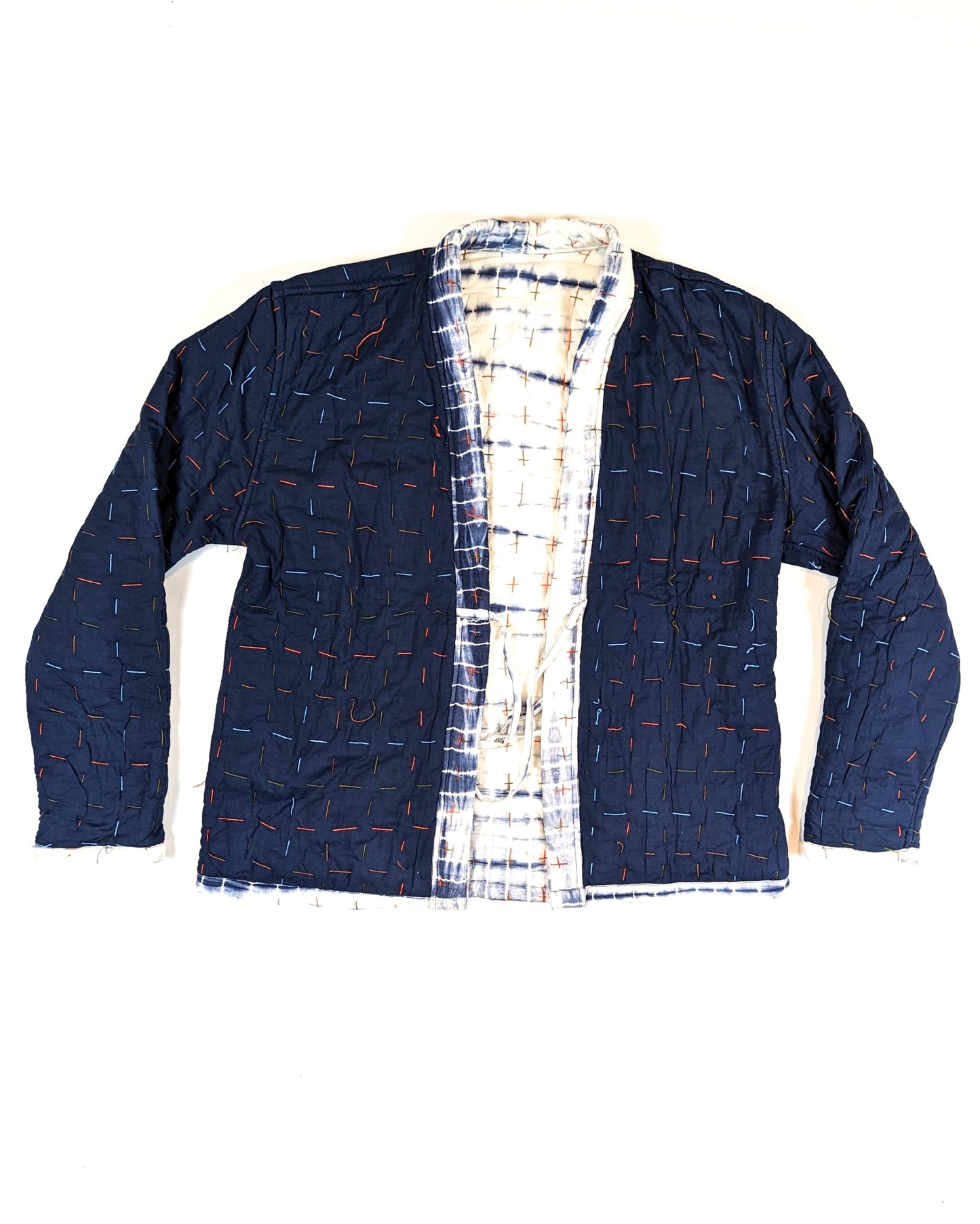 QUILTED HAND DYED SHIBORI INDIGO REVERSIBLE CARDIGAN WITH HAND SEWN SASHIKO