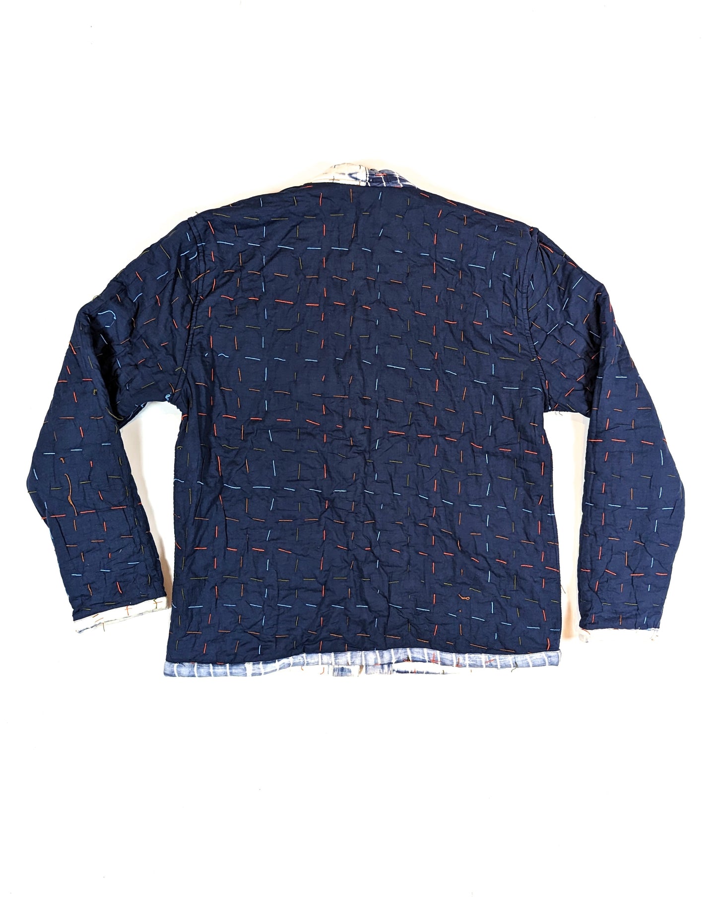 QUILTED HAND DYED SHIBORI INDIGO REVERSIBLE CARDIGAN WITH HAND SEWN SASHIKO