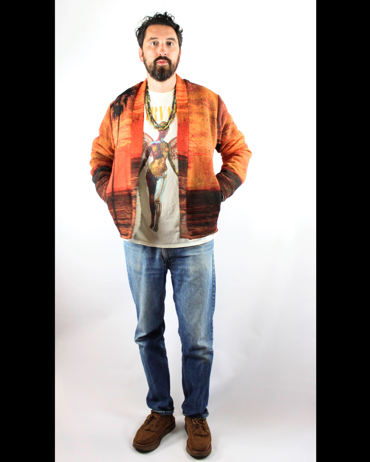 REVERSIBLE FLEECE TAPESTRY CARDIGAN IN SUNSET